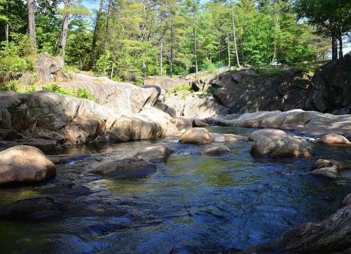 A serene river flows over smooth rocks, surrounded by lush green trees and a rocky landscape.