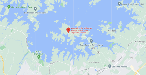 Map showing Lake Lanier with a marker for Margaritaville at Lanier Islands Water Park, surrounded by parks and water.