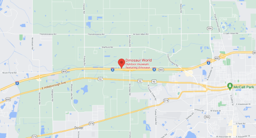 Map showing the location of Dinosaur World, an outdoor museum featuring dinosaurs, near Dover, Florida.