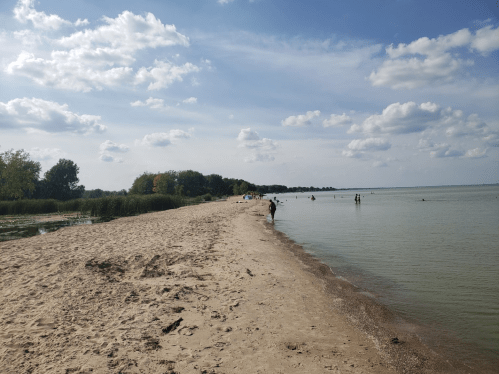 A sandy beach stretches along a calm lake, with people enjoying the water and trees lining the shore under a blue sky.