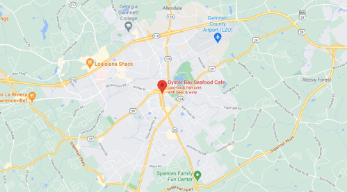 Map showing the location of Oyster Bay Seafood Cafe in Lawrenceville, Georgia, near major roads and landmarks.