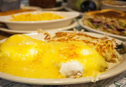 A plate of eggs topped with yellow sauce and paprika, alongside crispy hash browns and a sandwich in the background.