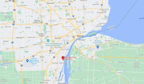 Map showing Detroit, Michigan, and Windsor, Ontario, with Smuggler's Run highlighted near the river.