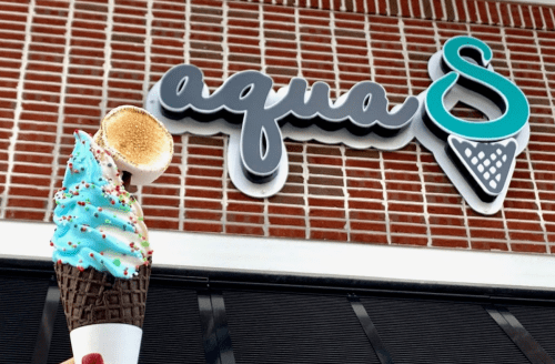 A colorful ice cream cone topped with a toasted marshmallow in front of the Aqua S shop sign.