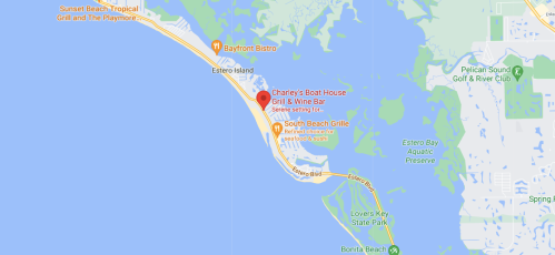 Map showing Estero Island with locations for Charley's Boat House Grill & Wine Bar and South Beach Grille.