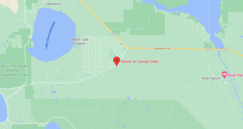 Map showing the location of the Resort at Canopy Oaks near Indian Lake Estates, surrounded by green areas and water bodies.
