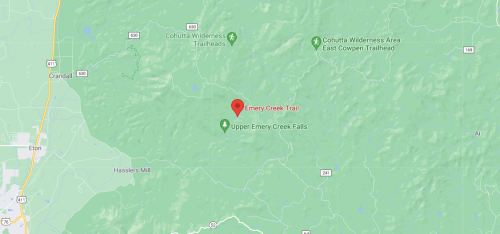 Map showing the location of Emery Creek Trail and Upper Emery Creek Falls in the Cohutta Wilderness area.