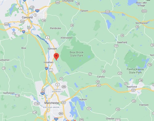 Map showing Bear Brook State Park in New Hampshire, with nearby towns and highways marked.