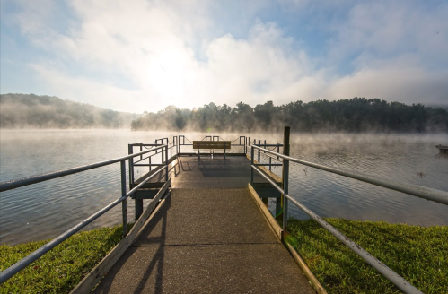 A misty lake view from a wooden dock, surrounded by trees under a bright sky.