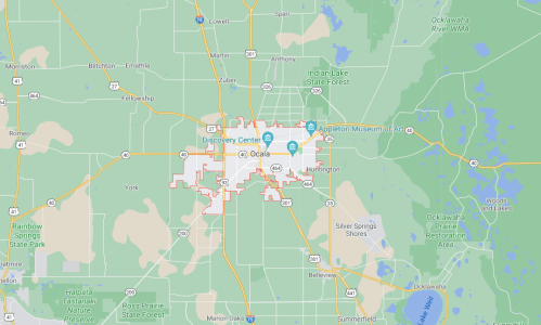 Map of Ocala, Florida, highlighting the city boundaries and nearby landmarks.