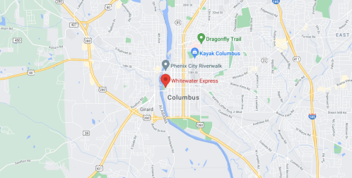 Map of Columbus, highlighting Whitewater Express and nearby landmarks like Phenix City Riverwalk and Dragonfly Trail.