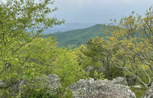 Lush green mountains and rocky outcrops under a cloudy sky, showcasing a serene natural landscape.