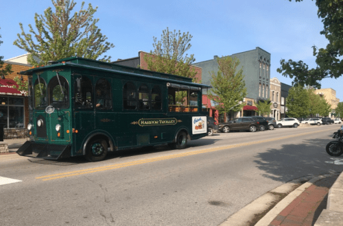 A green trolley bus drives down a tree-lined street with shops and parked cars on a sunny day.