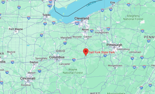 Map showing the location of Salt Fork State Park in Ohio, near major cities like Columbus and Pittsburgh.