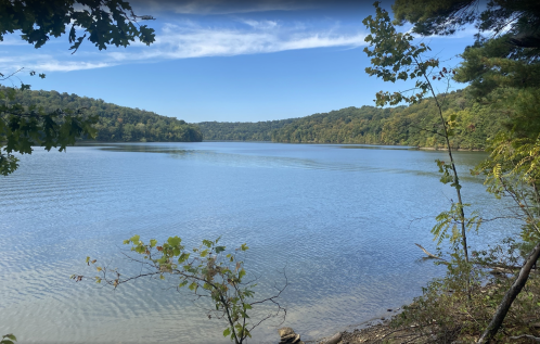 A serene lake surrounded by lush green hills under a clear blue sky. Gentle ripples on the water's surface.