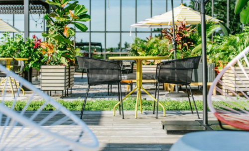 A vibrant outdoor seating area with two black chairs and a yellow table surrounded by lush greenery and plants.