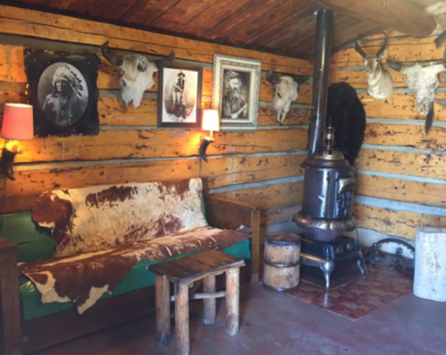 Cozy rustic interior with wooden walls, a cowhide sofa, a wood stove, and mounted animal heads on display.