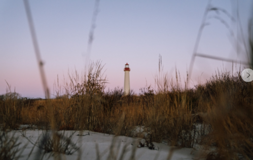 A lighthouse stands tall amidst tall grass at dusk, with a soft pink sky in the background.