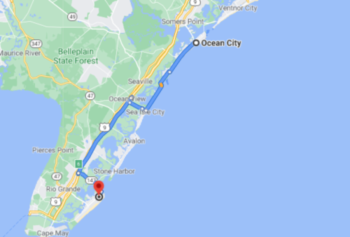 Map showing a route to Ocean City, highlighting nearby locations and roads along the coast.
