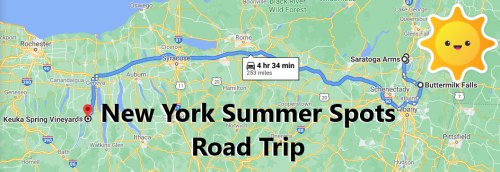 Map showing a road trip route in New York, highlighting Keuka Spring Vineyards and Buttermilk Falls, with travel time and distance.