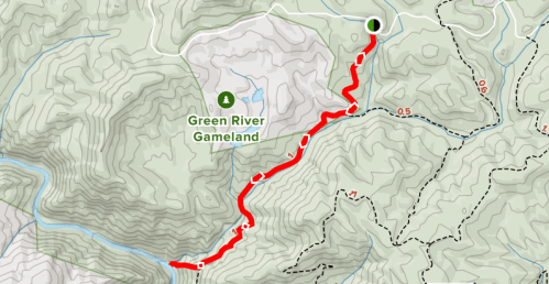 Map showing a hiking trail in Green River Gameland, marked in red, with elevation contours and nearby features.