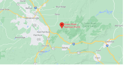Map showing the location of Green River Narrows Put In, near Hendersonville, North Carolina.