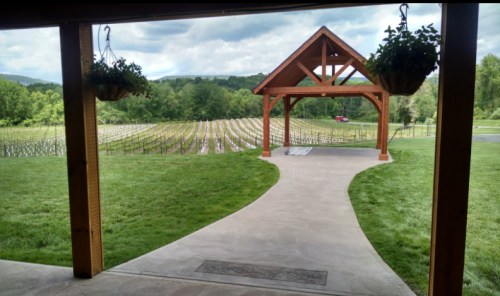 A scenic view of a vineyard from a wooden pavilion, with a pathway leading through lush green grass.