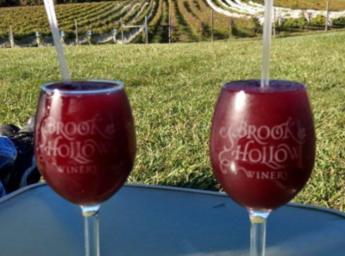 Two glasses of red wine with "Brook Hollow Winery" logo, set against a vineyard backdrop.