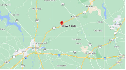 Map showing the location of Hwy 1 Cafe, situated along Highway 1 in South Carolina, near Bethune.