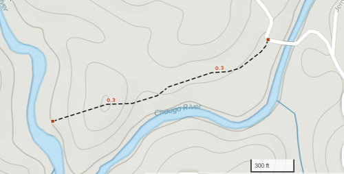 Map showing a trail with distance markers (0.3, 0.3) along the Chudgo River, with a road nearby.
