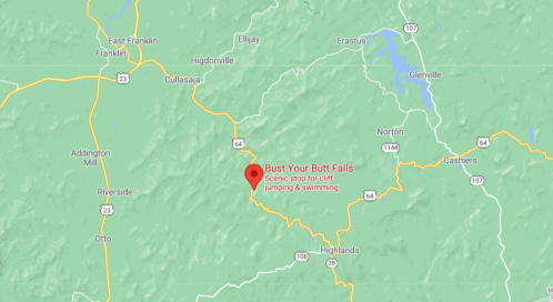 Map highlighting Bust Your Butt Falls, a scenic stop for cliff jumping and swimming in North Carolina.
