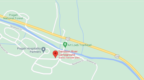 Map showing Davidson River Campground near Pisgah National Forest, with nearby roads and trails marked.