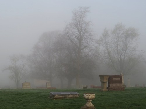 A foggy cemetery scene with gravestones and bare trees partially obscured by mist.