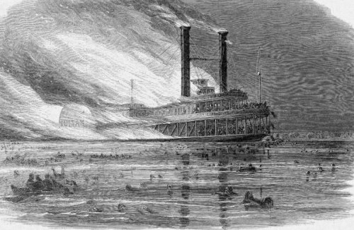 An illustration of a steamboat on a river, with smoke billowing and people swimming nearby.