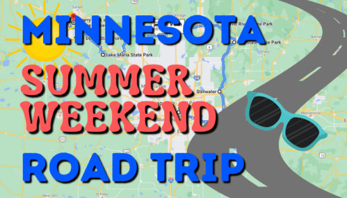 Colorful graphic featuring a map of Minnesota with text: "Minnesota Summer Weekend Road Trip" and a cartoon road with sunglasses.
