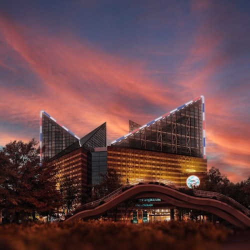 A modern aquarium building with a striking geometric design, illuminated against a vibrant sunset sky.