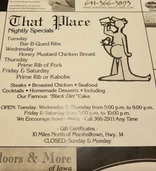 Menu for "That Place" featuring nightly specials and opening hours, including Bar-B-Q ribs, chicken, and seafood.