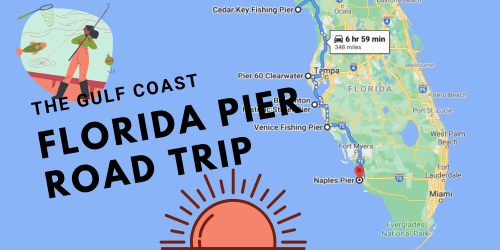 Map of Florida's Gulf Coast highlighting a road trip to various fishing piers, with a sunset graphic and fishing illustration.