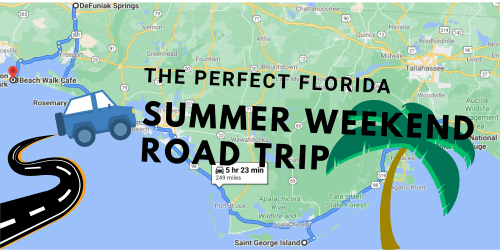 Map highlighting a Florida summer weekend road trip route with a car icon and palm trees.