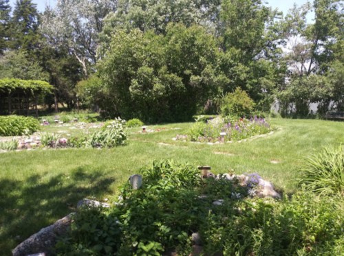 A lush garden with various plants and flowers, surrounded by trees and a grassy area under a clear blue sky.