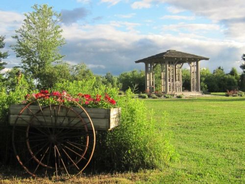 A rustic wooden gazebo surrounded by greenery, with a flower-filled wagon wheel in the foreground under a blue sky.