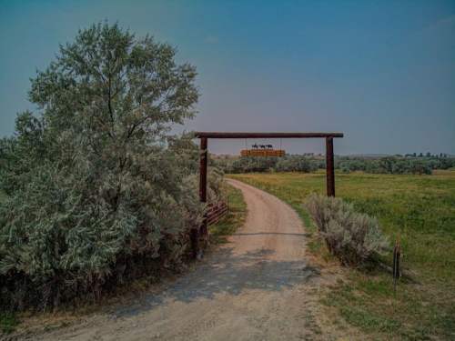 A dirt road leads under a wooden archway with a sign, surrounded by greenery and open fields.