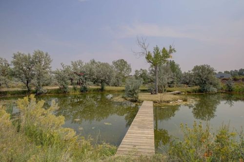 A wooden walkway leads to a small island surrounded by calm water and lush greenery under a clear sky.