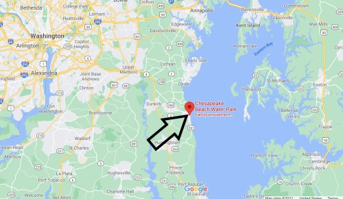Map showing Chesapeake Beach Water Park location, marked with a red pin and an arrow, near the Chesapeake Bay.