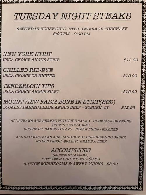 Menu for Tuesday Night Steaks featuring New York Strip, Grilled Rib-Eye, Tenderloin Tips, and accompaniments. Prices listed.
