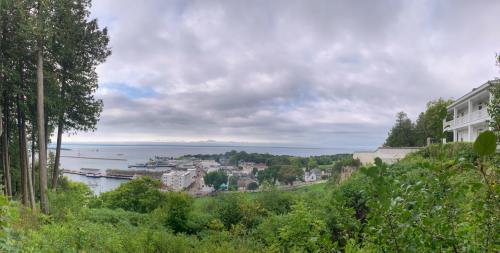 Panoramic view of a coastal town with greenery, cloudy skies, and a harbor in the distance.