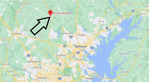 Map highlighting the location of Plum Crazy Diner, north of Baltimore, Maryland.