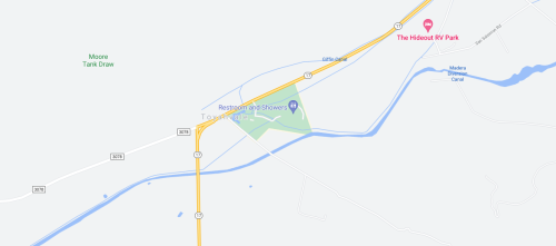 Map showing the area around Towhee, including roads, a park, and nearby amenities like restrooms and showers.