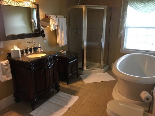 A spacious bathroom featuring a shower, a large bathtub, a vanity with a mirror, and soft towels on the floor.