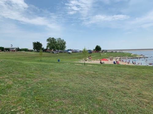 A grassy area by a beach with people enjoying the water, trees, and tents in the background under a blue sky.
